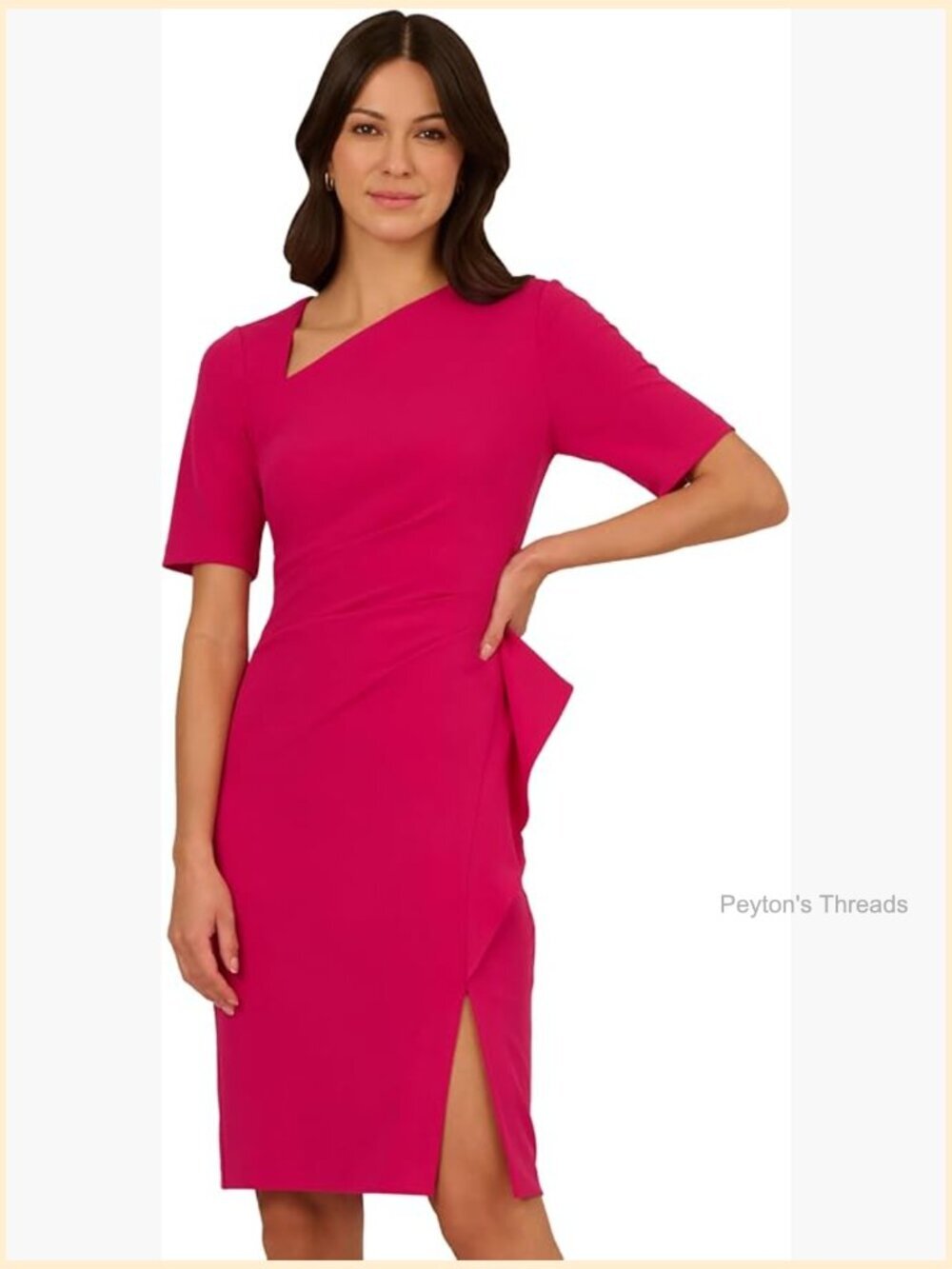 Stretch Crepe Side Draped Sheath Dress with Asymmetrical Neckline